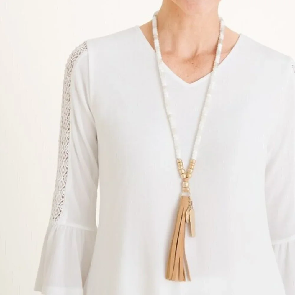 NWOT Chico's White And Gold-Tone Bead Faux Suede Tassel Wen Pendant Necklace
